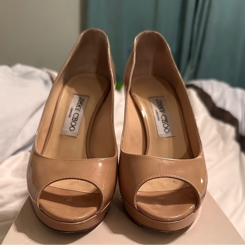 Jimmy Choo Nude Patent Peep-Toe Pumps
